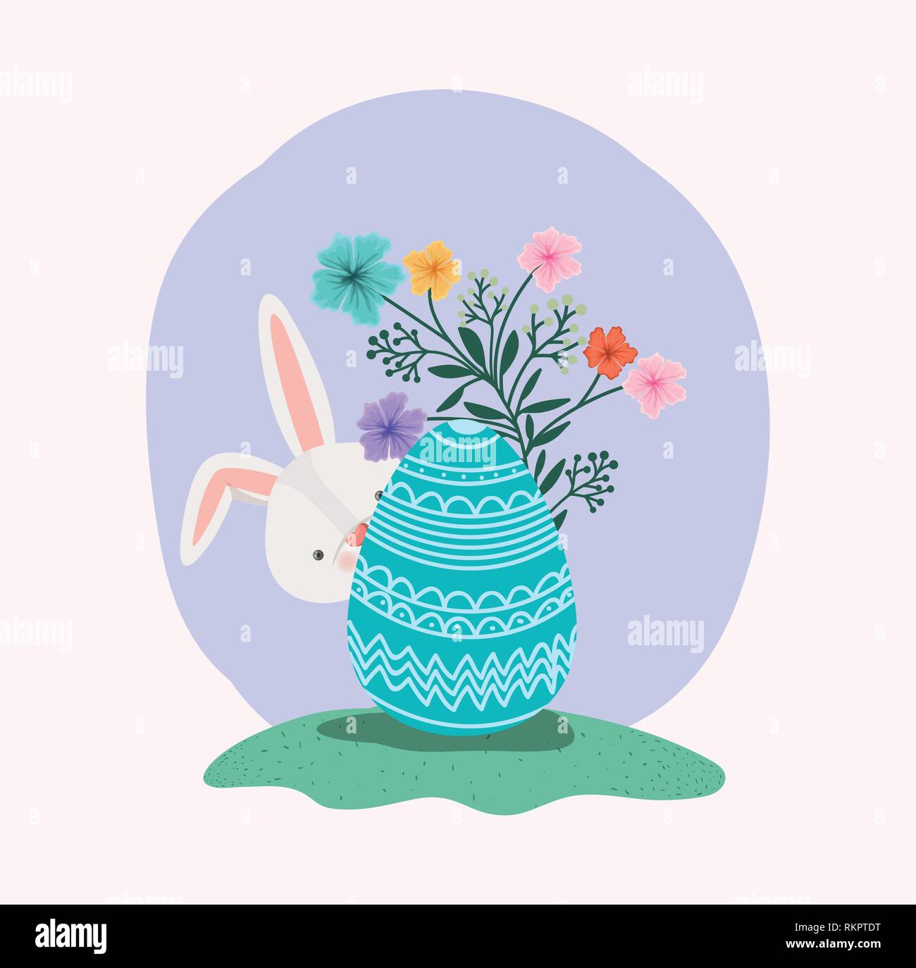 cute rabbit with egg painted and flowers in the garden Stock Vector ...