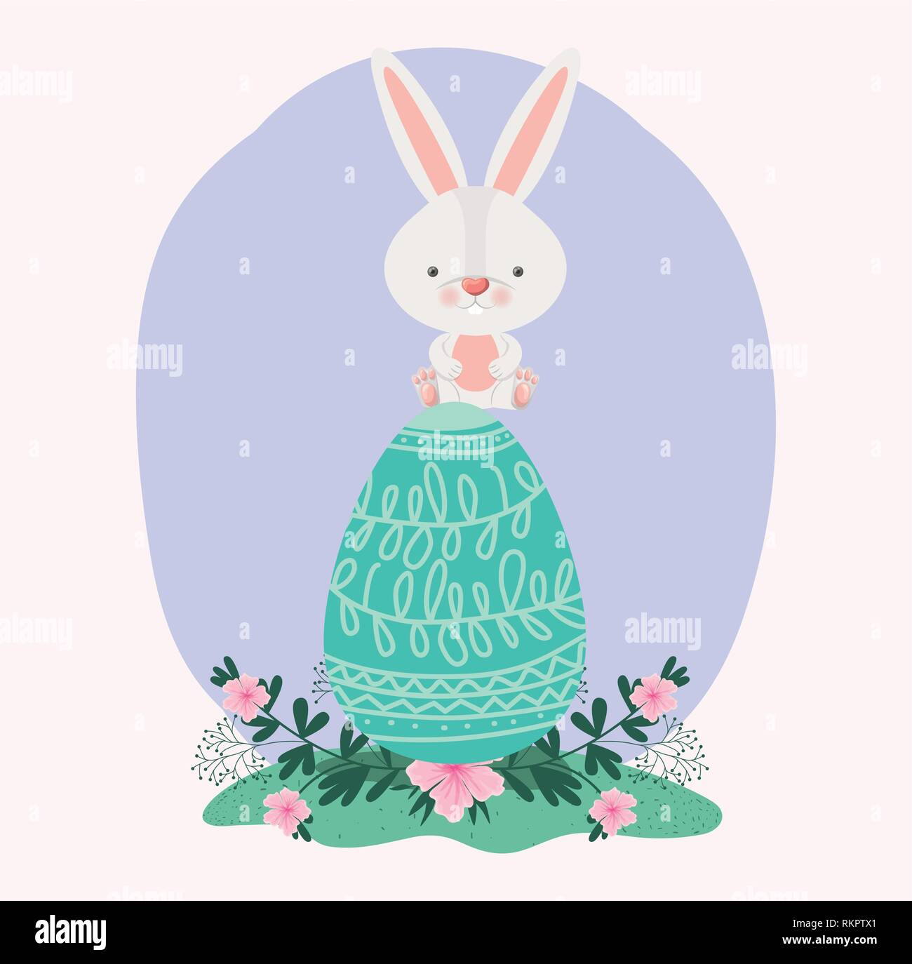 cute rabbit with egg painted and flowers in the garden Stock Vector ...