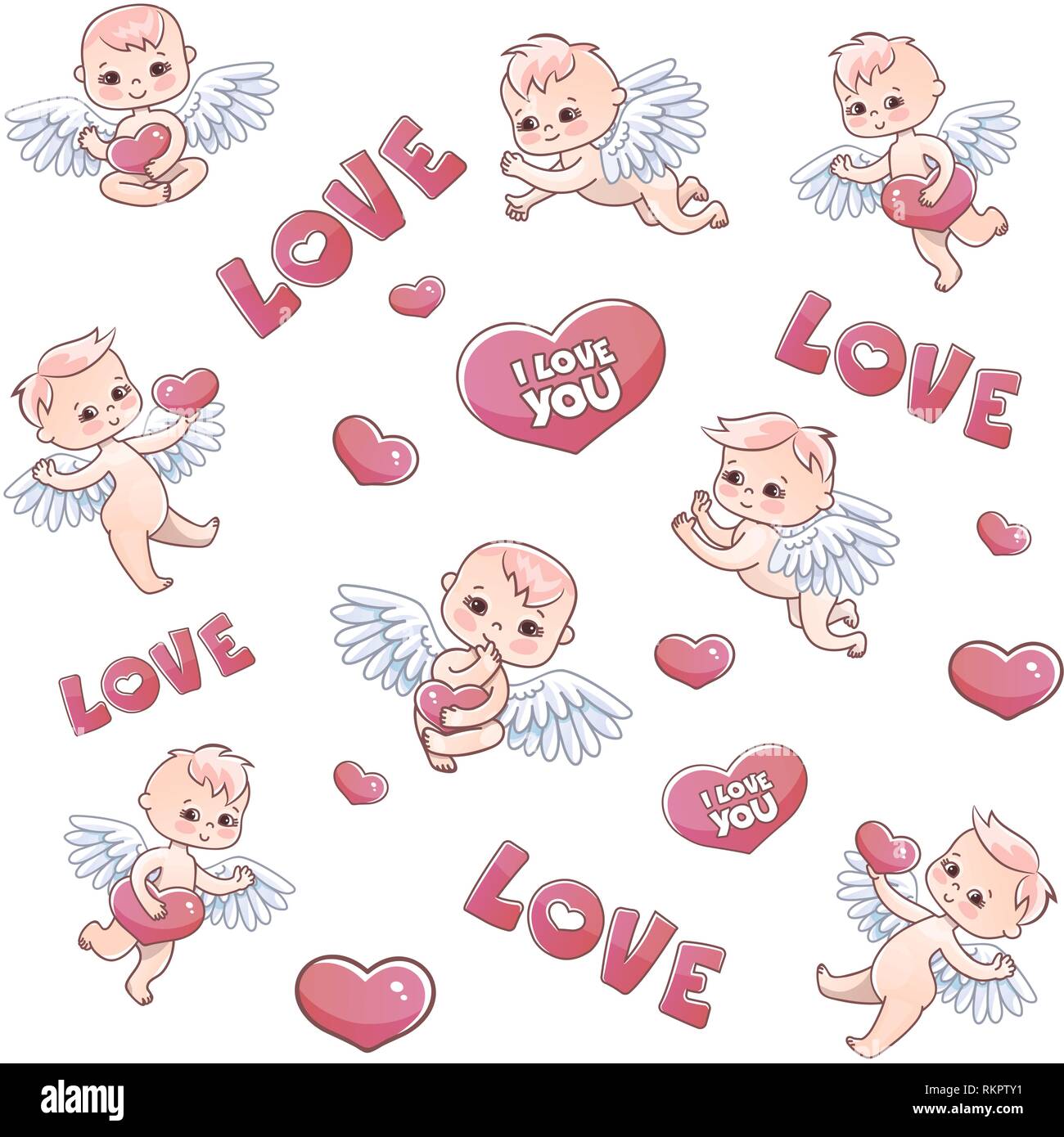 Angels and hearts pattern for Valentine's day gift. Angels with hearts in their hands. Vector pattern with serge and angels babies Stock Vector