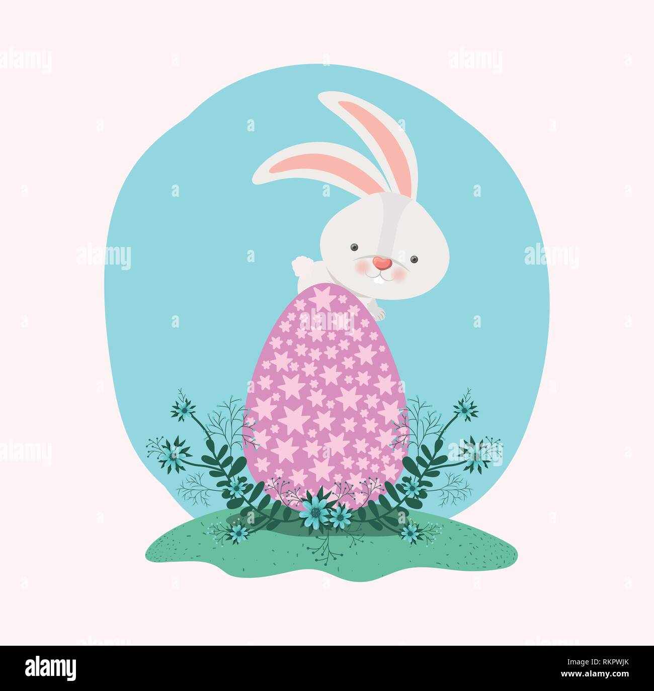 cute rabbit with egg painted and flowers in the garden Stock Vector ...