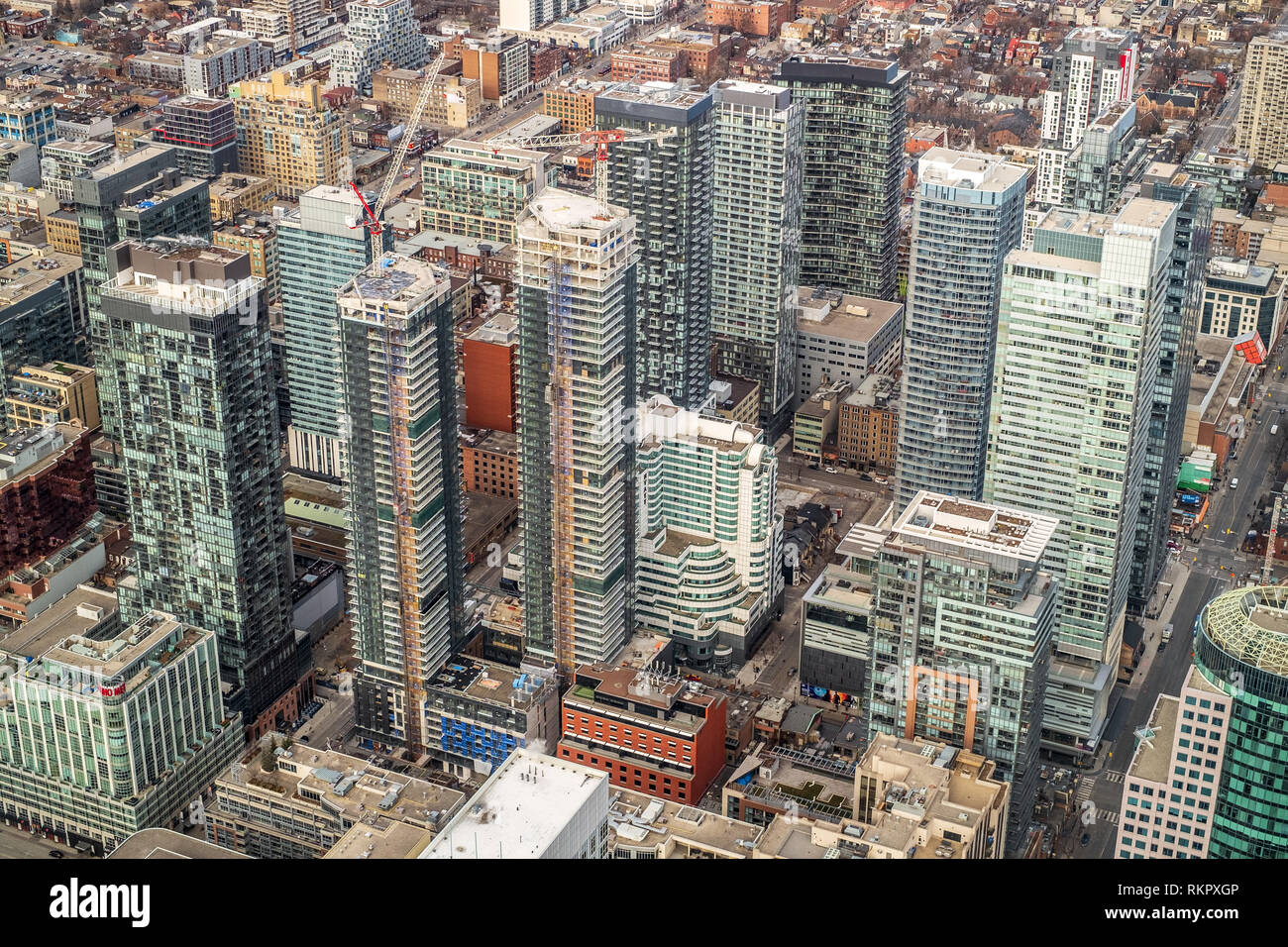 Toronto, Ontario, Canada - January 12 2019. Aerial view, taken from CN Tower, of the buildings at downtown city, Stock Photo