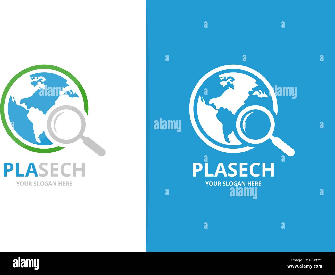 Vector world and loupe logo combination. Unique globe and search logotype design template. Stock Vector