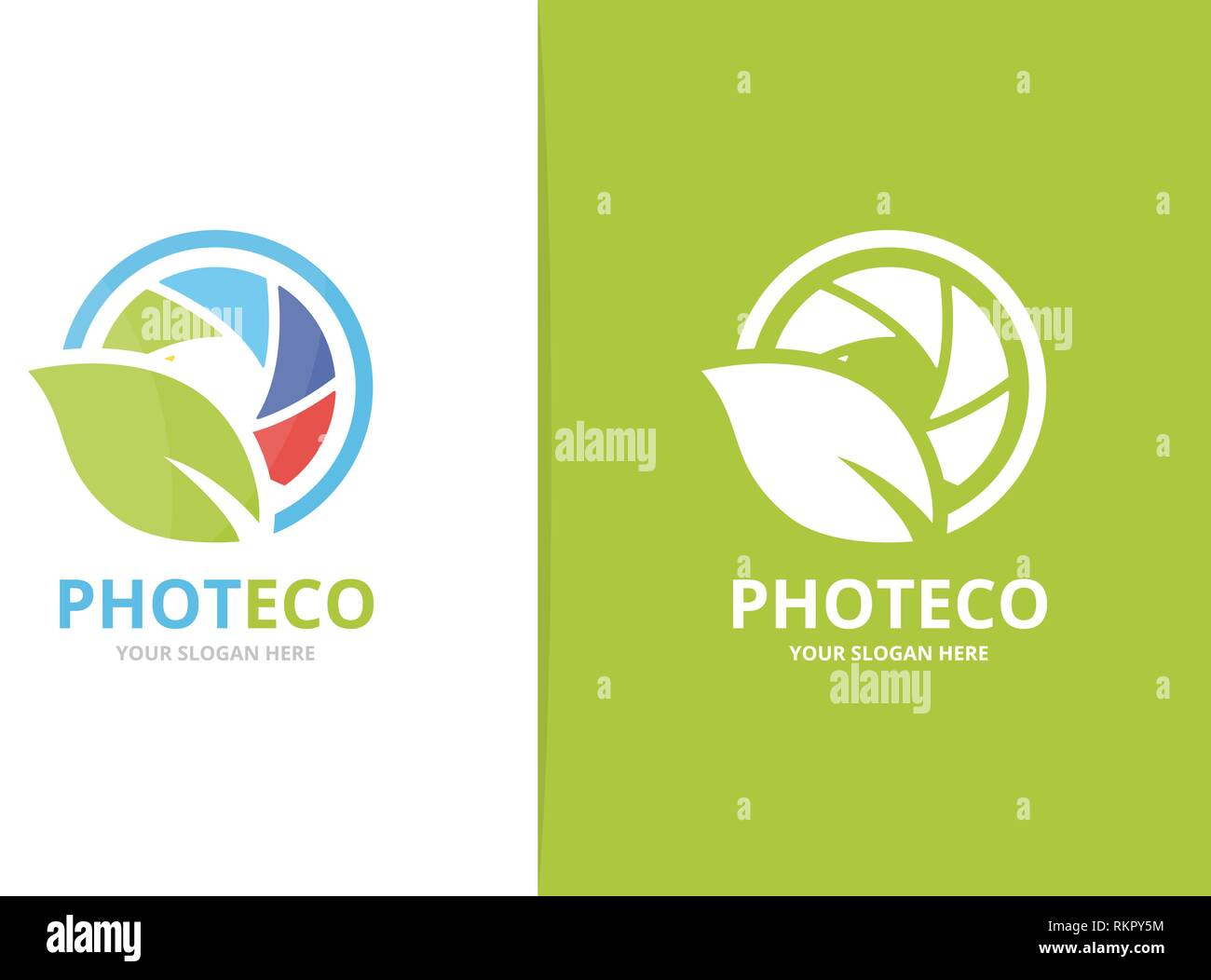 Vector camera shutter and leaf logo combination. Unique photo and organic logotype design template. Stock Vector