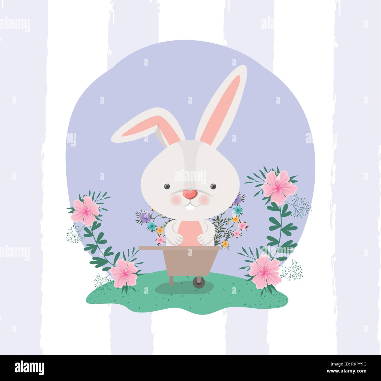 rabbit and wheelbarrow with flowers in the garden Stock Vector Image