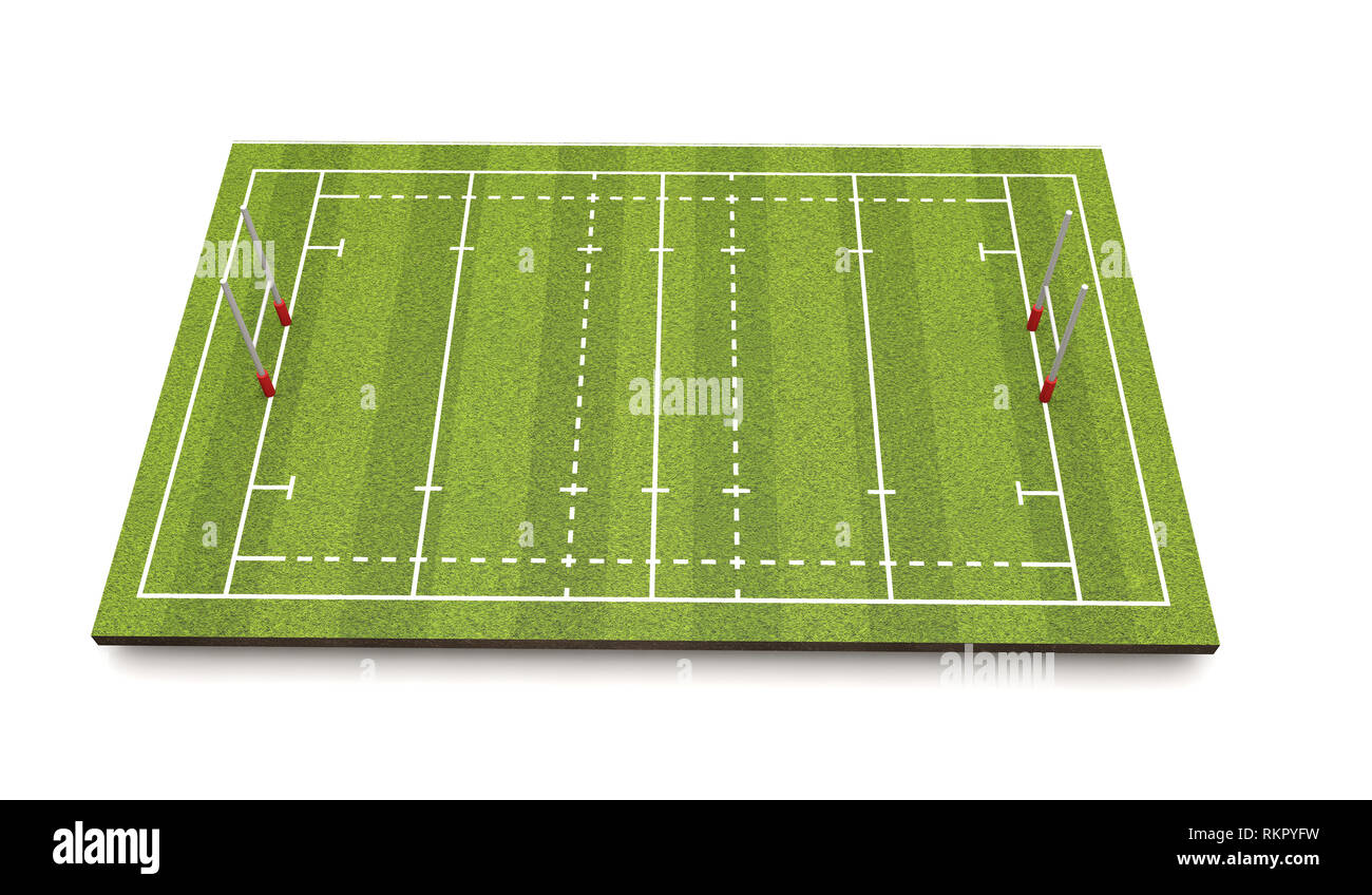 Rugby pitch with lines and goals. 3D Rendering Stock Photo