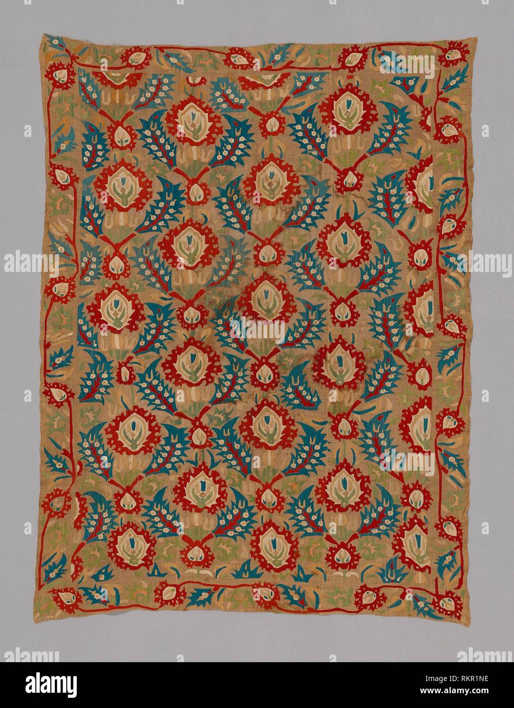 Cover - 1675/1725 - Turkey - Origin: Turkey, Date: 1675–1725, Medium: embroidered linen. Three bands ogival motif and flowers, palmette border, Stock Photo