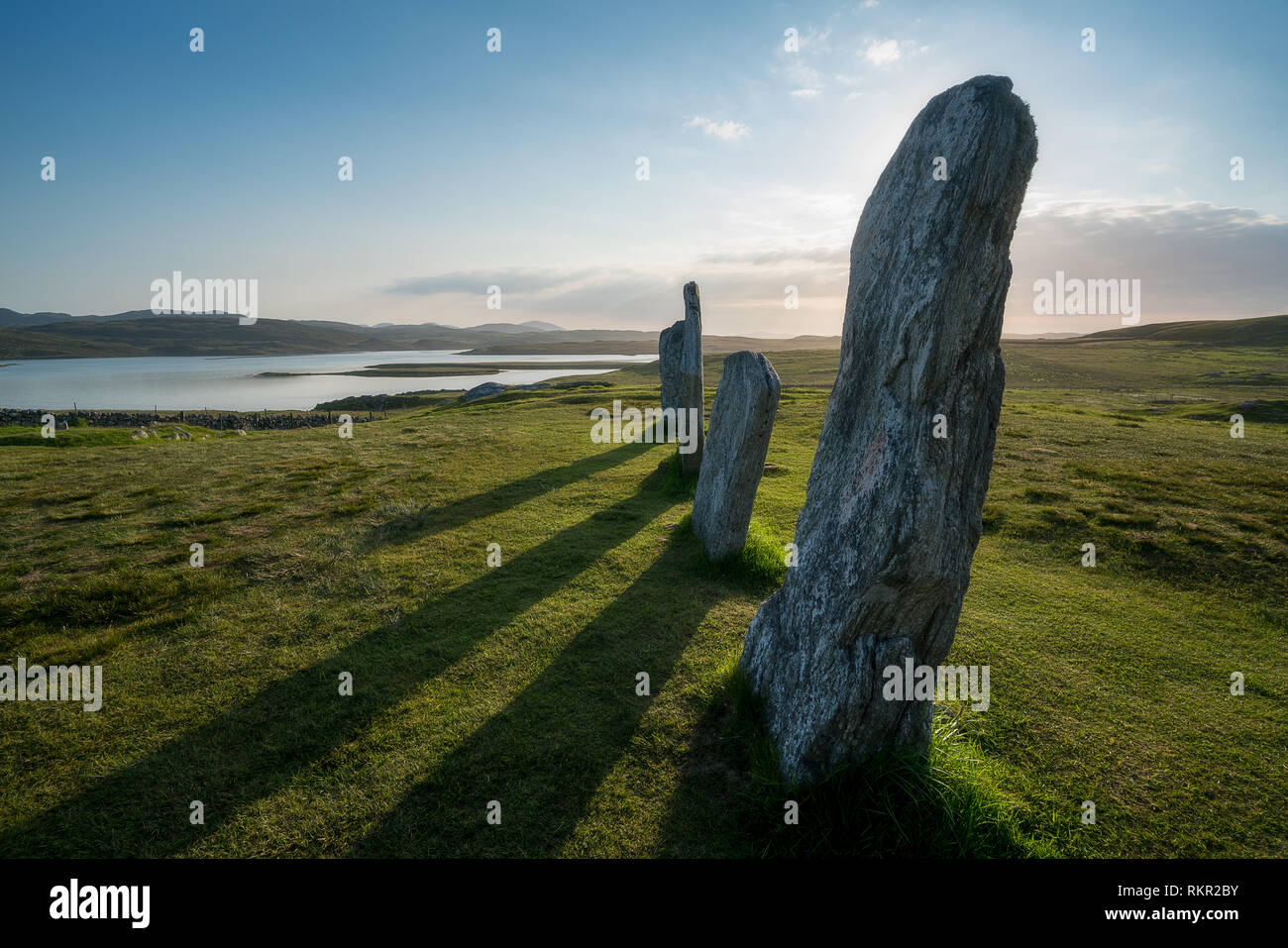 The Callanish Stones are an arrangement of standing stones from the late Neolithic era, used for ritual activity during the Bronze Age. They are near  Stock Photo