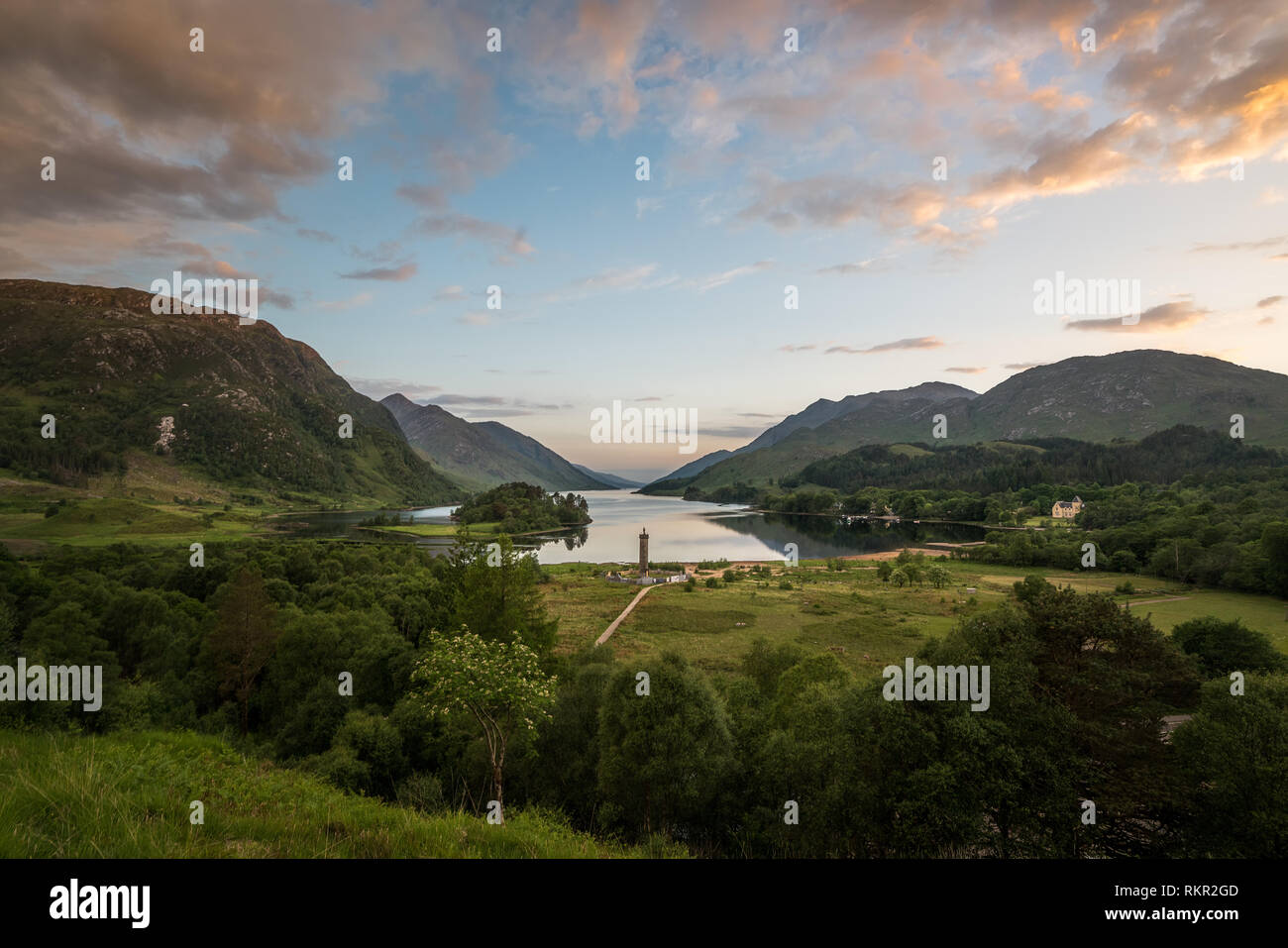 Evening view towards Glenfinnan monument and Loch Shiel Stock Photo