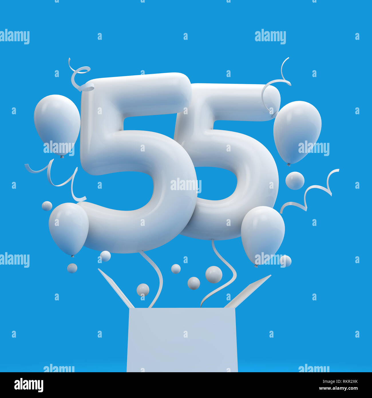 Happy 55th birthday surprise balloon and box. 3D Rendering Stock Photo ...