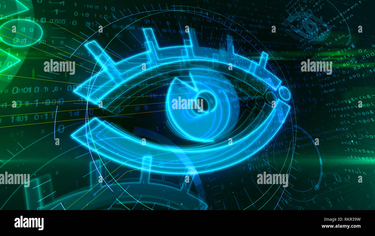 Digital surveillance and cyber spying and in internet. Eye symbol on digital background. Privacy tracking icon abstract 3D illustration. Stock Photo