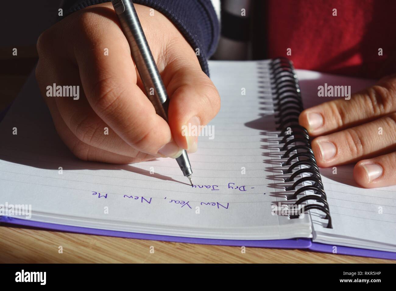 Young woman seated at a desk, writing a list of New Year resolutions in a spiral bound notebook, starting with Dry January. Midsection, close-up hand Stock Photo