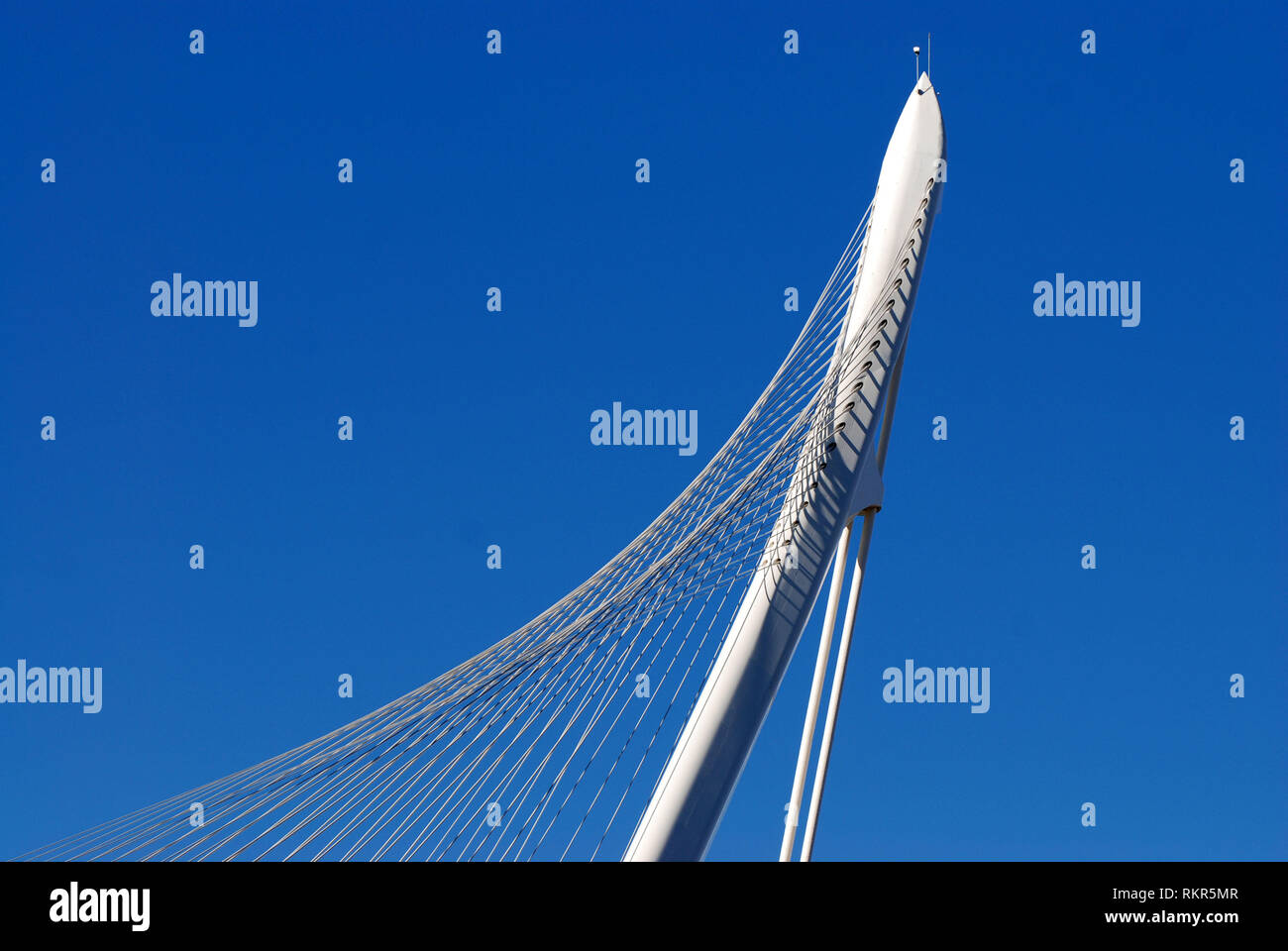 particular view of the game of lines of steel cables of new iron calatrava suspension bridge in cosenza city calabria italy 2018 Stock Photo