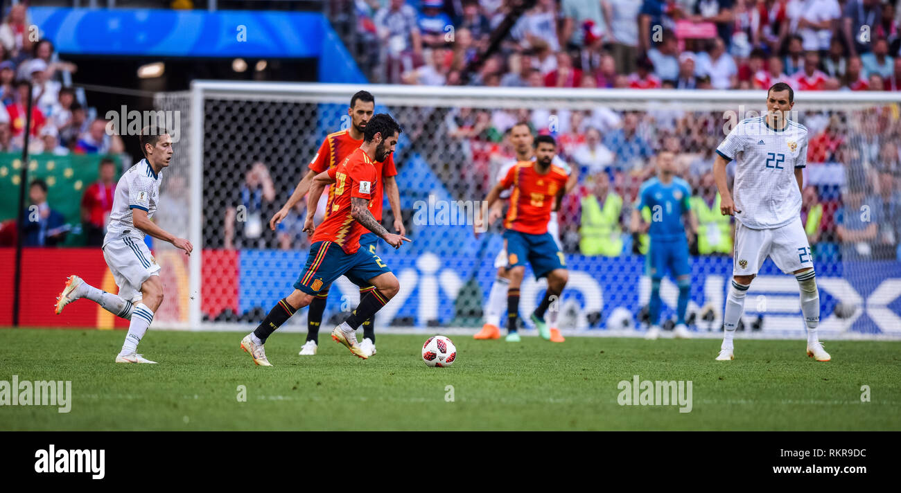 Moscow, Russia – July 1, 2018. Spain national football team players Isco and Sergio Busquets with Russia players Artem Dzyuba and Daler Kuzyaev during Stock Photo