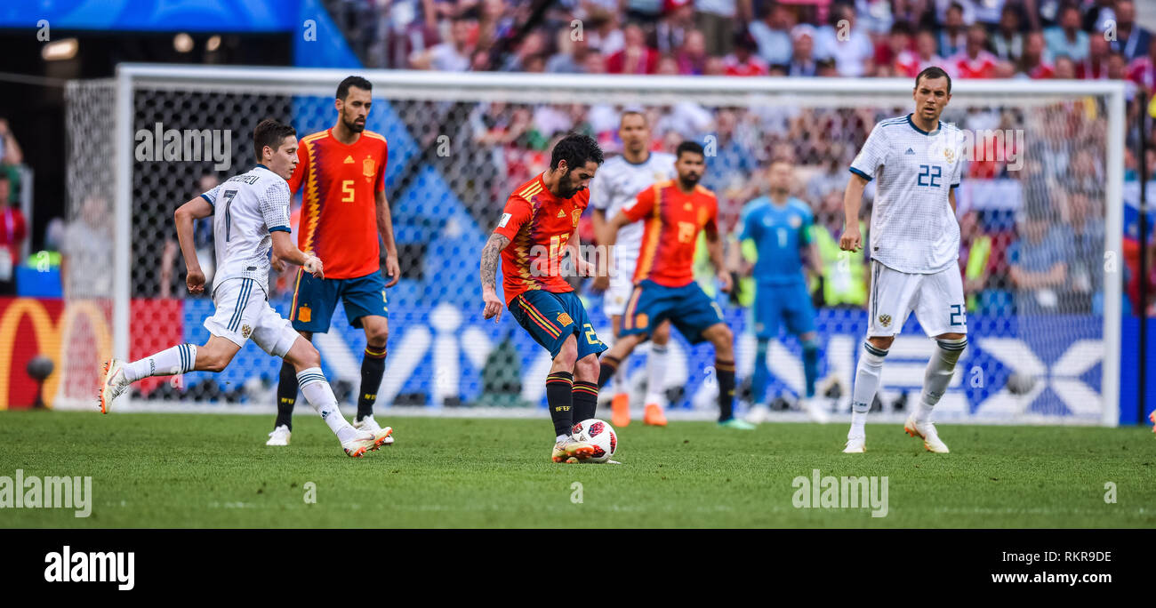 Moscow, Russia – July 1, 2018. Spain national football team players Isco and Sergio Busquets with Russia players Artem Dzyuba and Daler Kuzyaev during Stock Photo