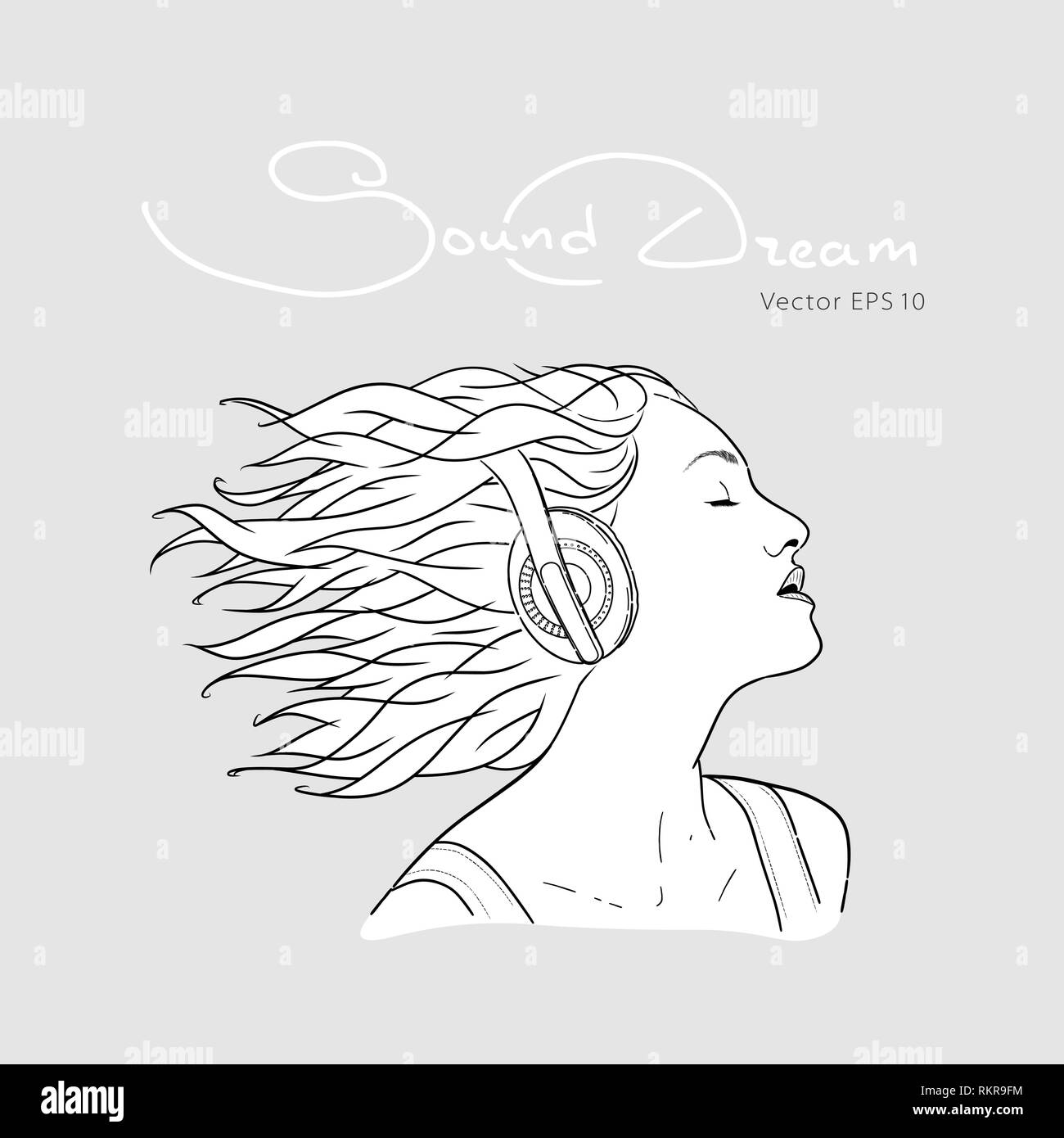 Portrait of a girl with headphones. Vector sketch. Stock Vector