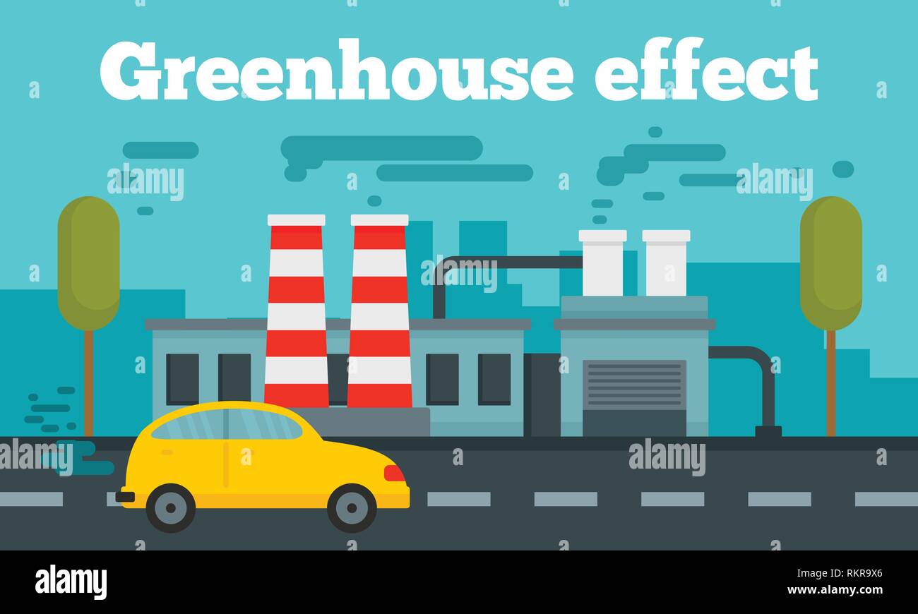 Greenhouse effect concept banner. Flat illustration of greenhouse