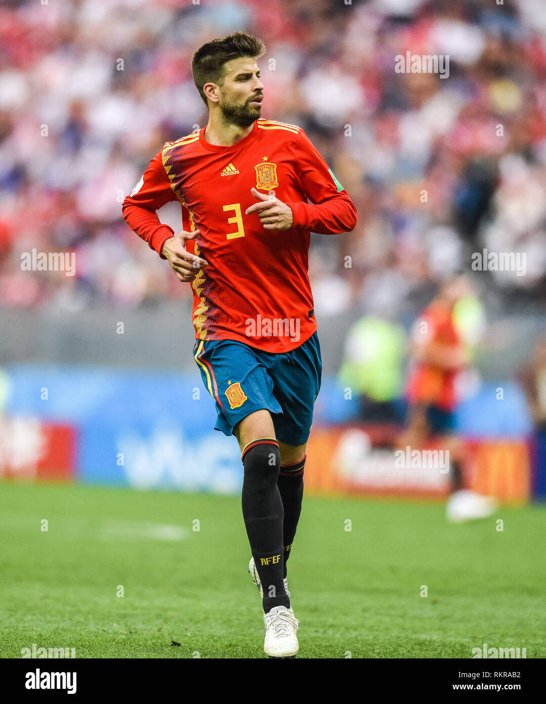 Moscow, Russia - July 1, 2018. Spain national football team defender Gerard Pique during FIFA World Cup 2018 Round of 16 match Spain vs Russia. Stock Photo