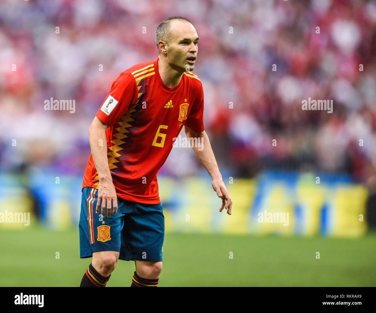 Moscow, Russia - July 1, 2018. Spain national football team midfielder Andres Iniesta during FIFA World Cup 2018 Round of 16 match Spain vs Russia. Stock Photo