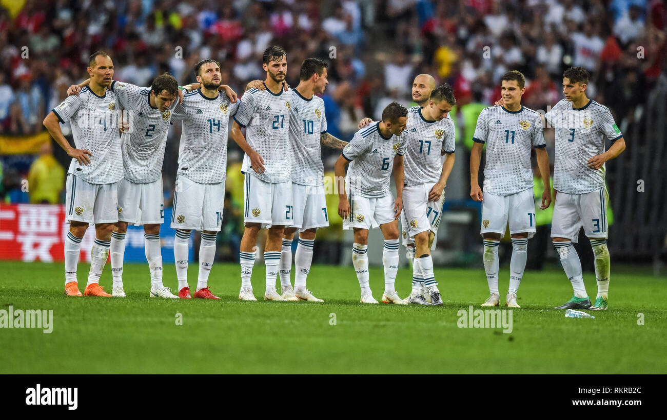 Moscow, Russia - July 1, 2018. Russia national football team players during penalty shootout in FIFA World Cup 2018 Round of 16 match Spain vs Russia. Stock Photo
