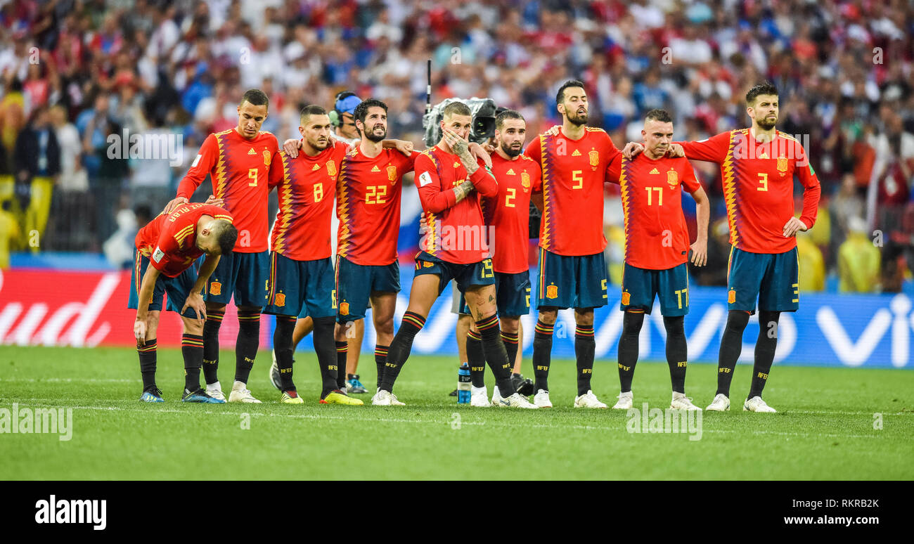 Moscow, Russia - July 1, 2018. Spain national football team players during penalty shootout in FIFA World Cup 2018 Round of 16 match Spain vs Russia. Stock Photo