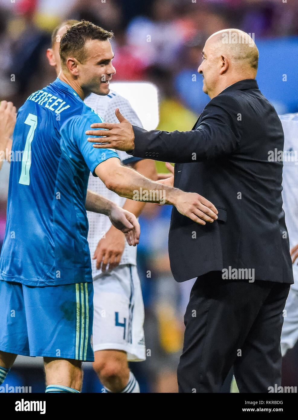 Moscow, Russia - July 1, 2018. Russia national team coach Stanislav Cherchesov with goalkeeper Igor Akinfeev after penalty shootout in FIFA World Cup  Stock Photo