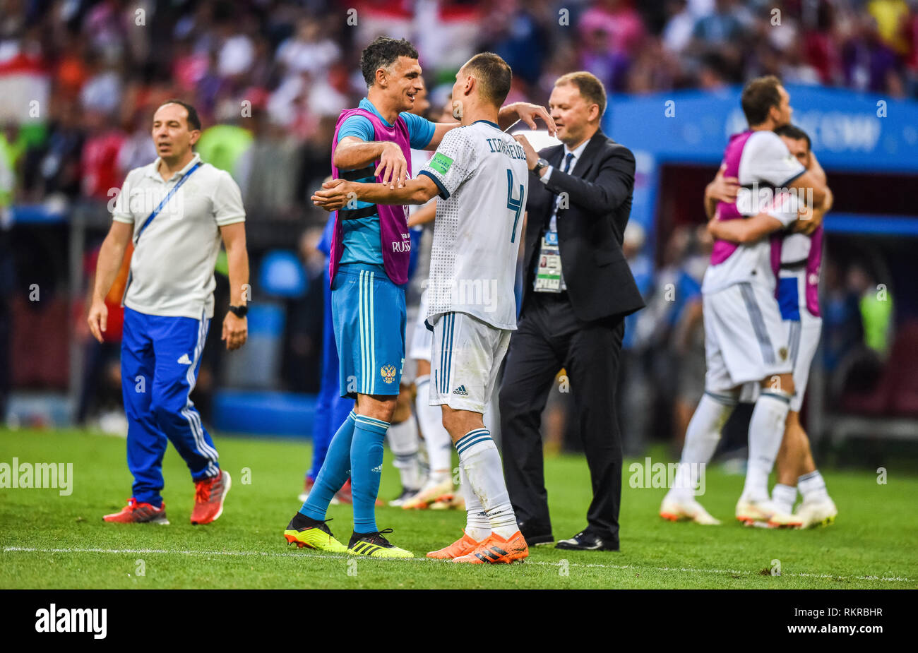 Moscow, Russia - July 1, 2018. Russia national team celebrating qualification to World Cup 2018 quarterfinals after penalty shootout in match against  Stock Photo