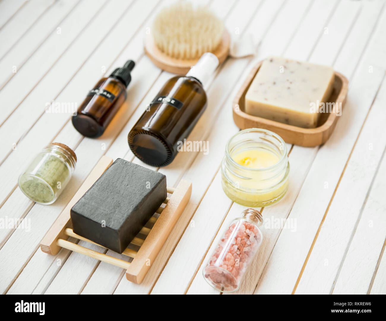 Spa natural products on white wooden background, natural skincare and beauty treatments, spa still life Stock Photo