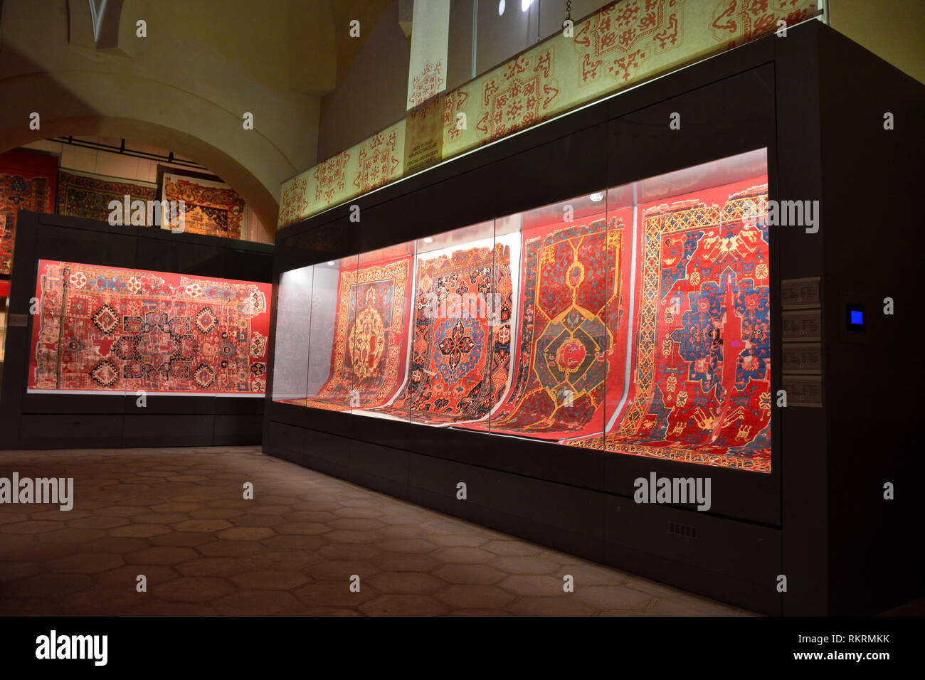 Istanbul, Turkey - April 23, 2017. Interior view of Carpet Museum in Istanbul, with ancient carpets on display. Stock Photo
