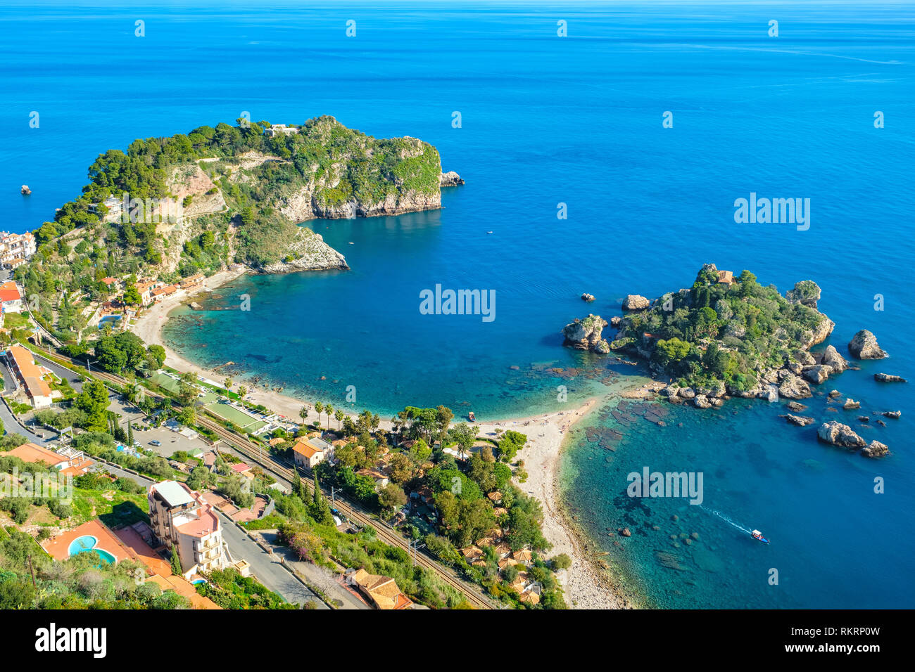 Seascape with beach and island Isola Bella (beautiful island) in Taormina. Sicily, Italy Stock Photo