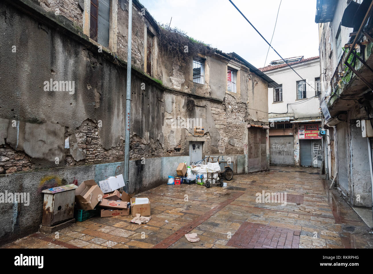 Izmir, Turkey - January 26, 2019. Backstreet of Kemeralti market in Izmir, with Hevra synagogue. Stock Photo