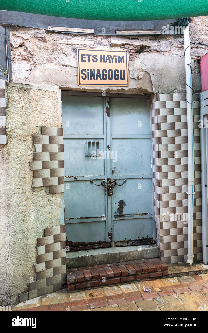 Izmir, Turkey - January 26, 2019. Entrance to Etz Hayim (Tree of Life) synagogue, dating from the 13th century, in Izmir. Stock Photo