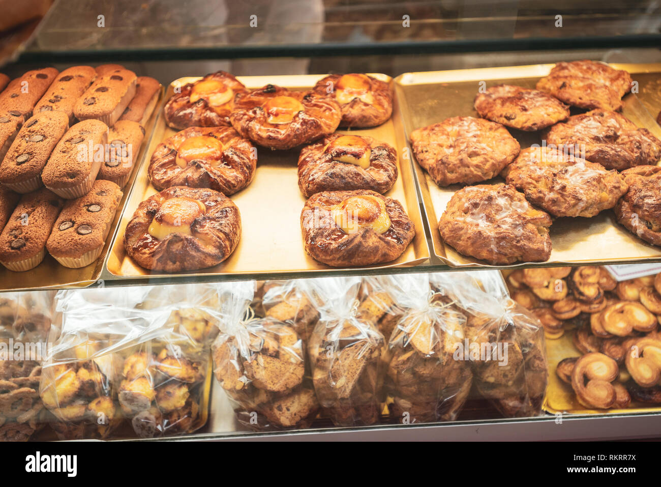 Cakes on display in a patisserie, cake shop, in the city of Valencia
