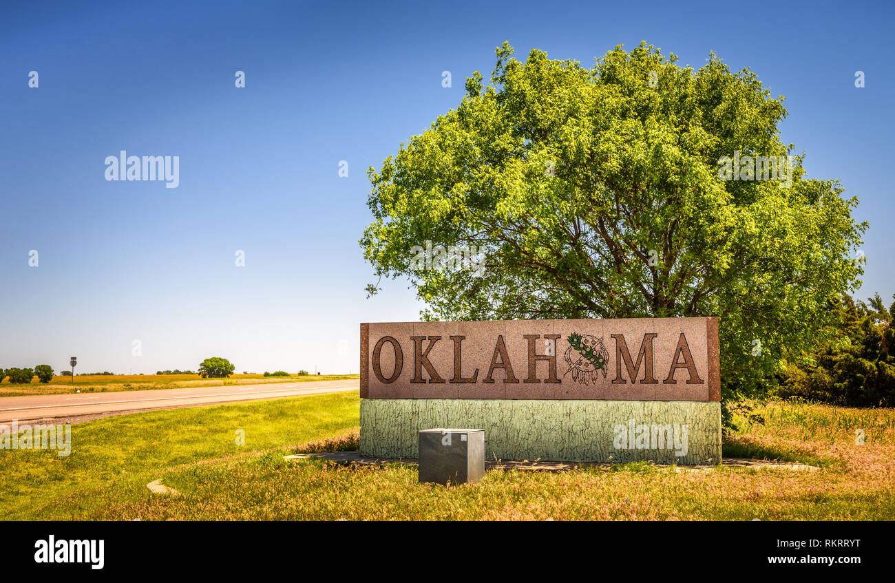 Benonine, Oklahoma, USA - May 12, 2016 : Welcome to Oklahoma road sign on I-40 Stock Photo
