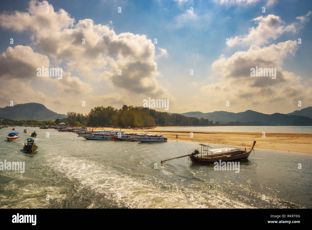 Long-tail boats parking at Ao Nang Port in Krabi Province, Thail Stock Photo