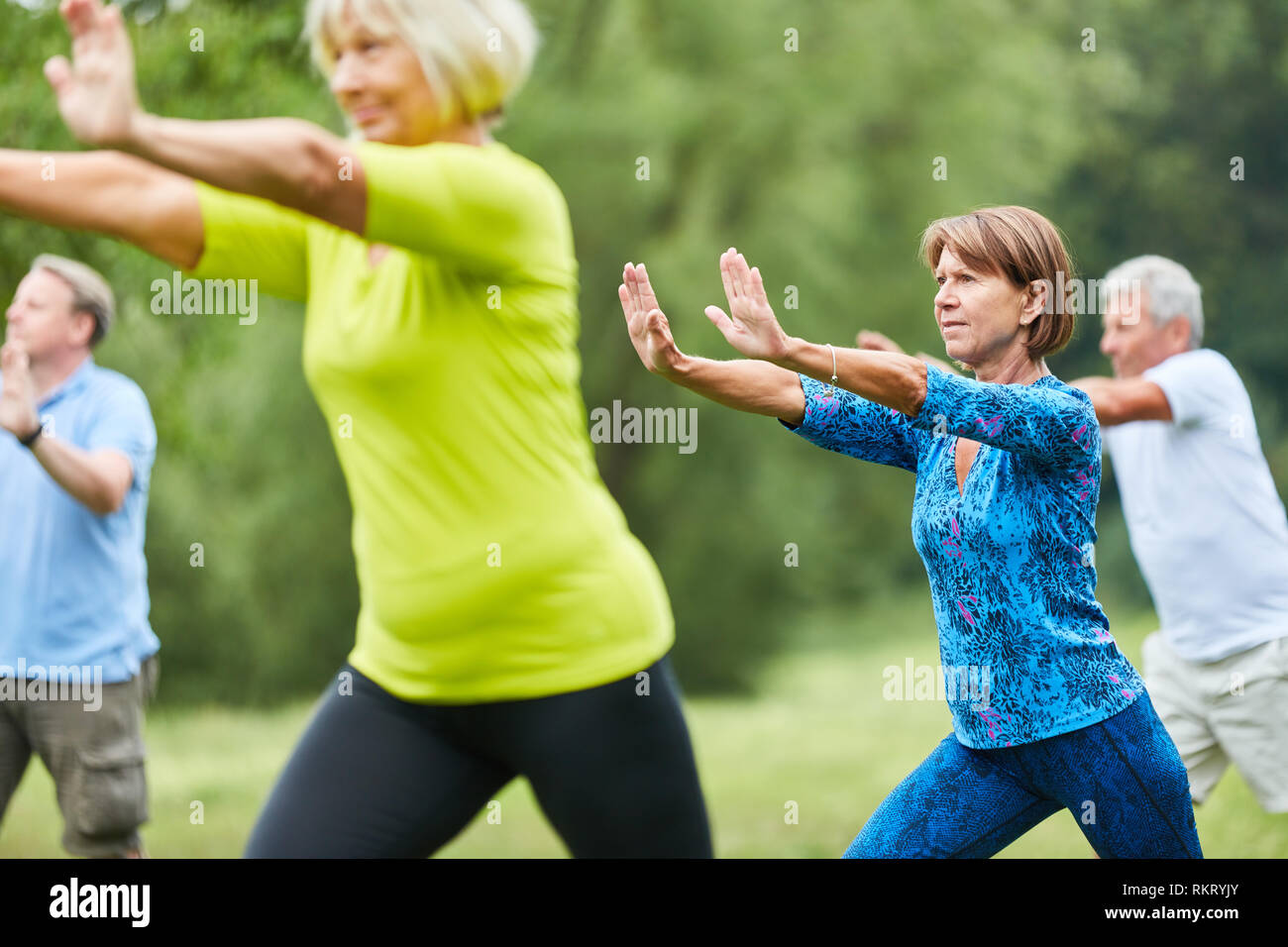 Seniors do Qi Gong or Tai Chi exercise for relaxation and health Stock Photo