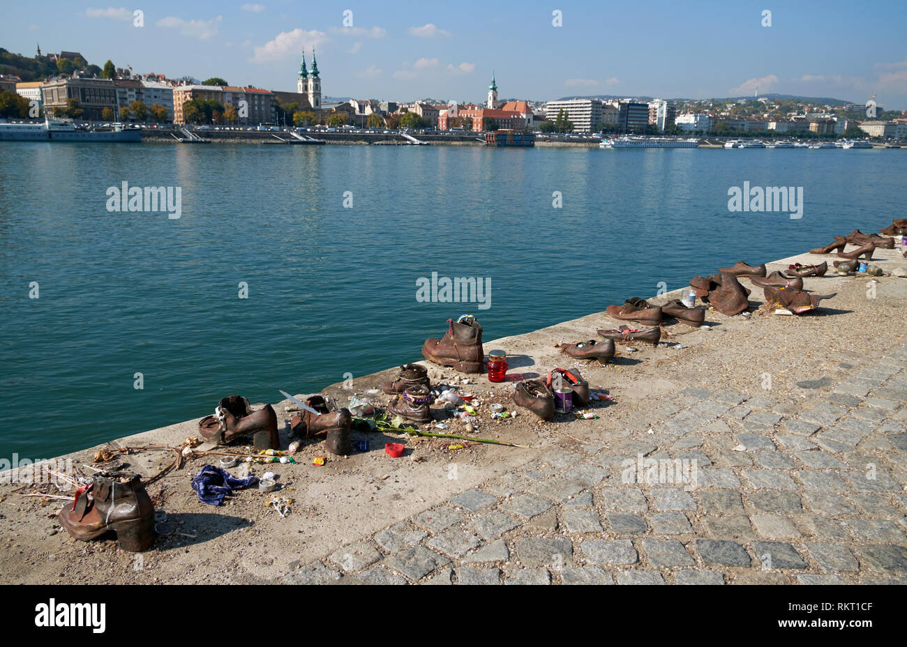 The 'Shoes on the Danube Bank', Budapest, Hungary. The trail of iron shoes is a memorial to Hungarian Jews shot here by Arrow Cross militiamen in WW2. Stock Photo