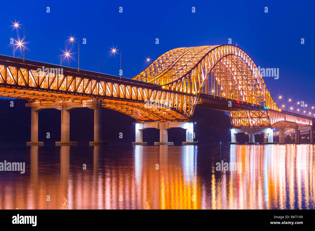 light the night of banghwa bridge, beautiful han river, South Korea. Stock Photo