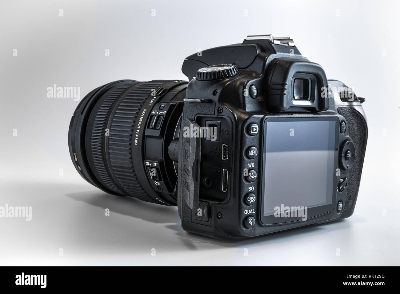 Close-up of a professional digital dslr camera for photography students, freelance photo journalism, photographic bloggers or travel photographers Stock Photo