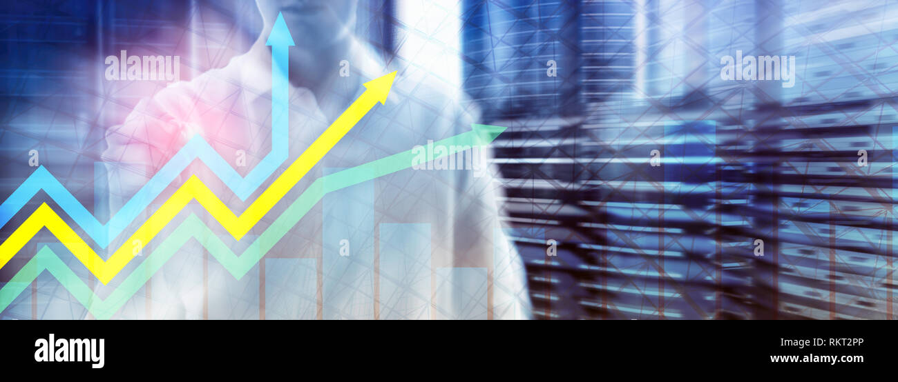 Financial growth arrows graph. Investment and trading concept. Stock Photo