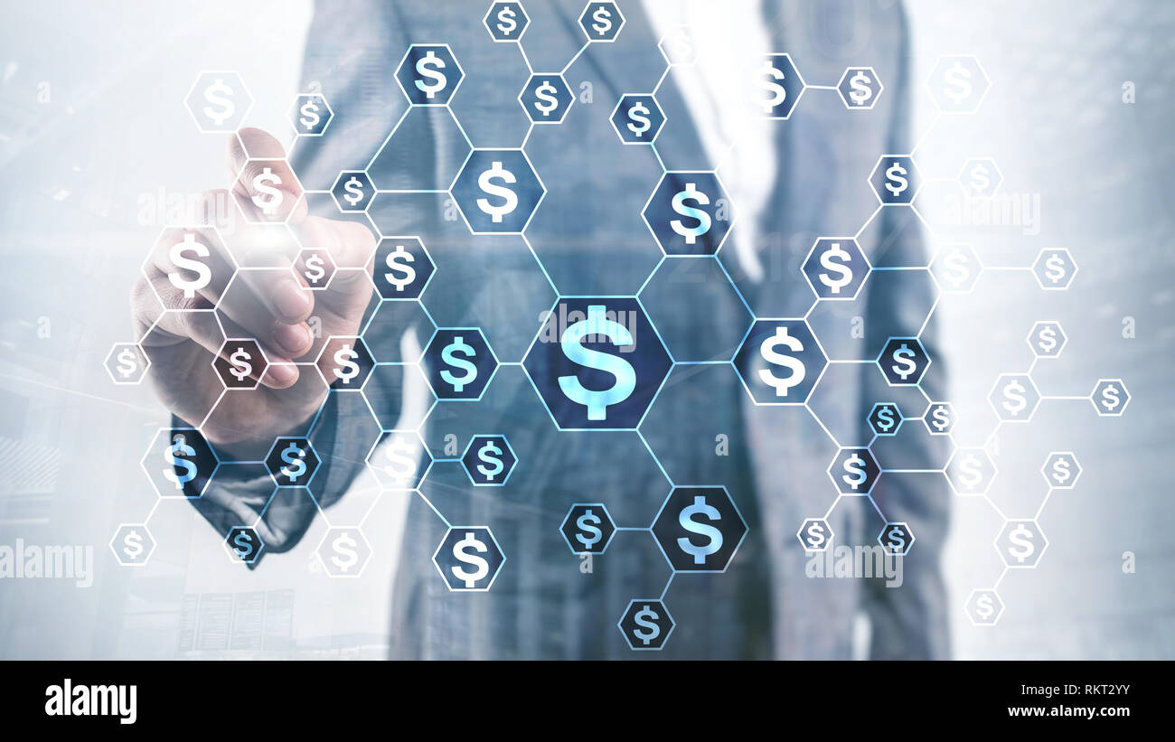 Dollars icons, money network structure. ICO, trading and investment. Crowdfunding. Stock Photo