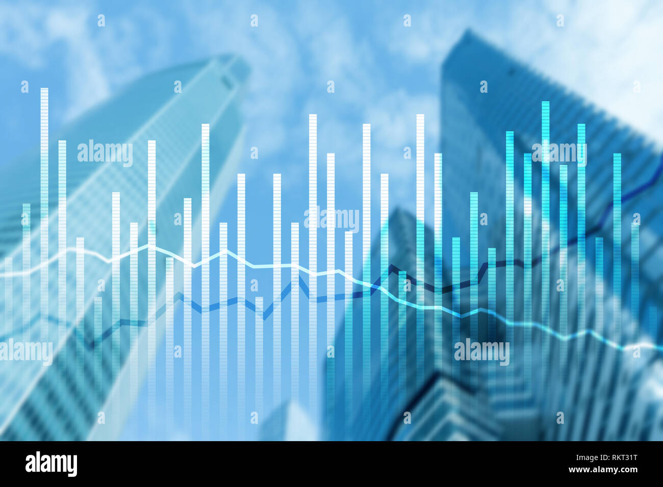 Double exposure Economics growth diagrams on blurred background. Business and investment concept. Stock Photo