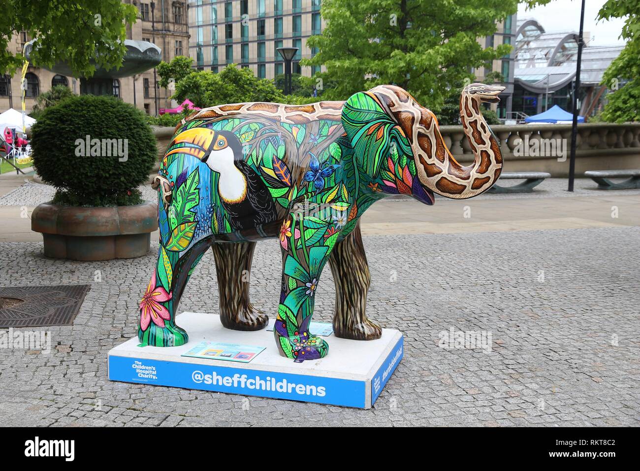 SHEFFIELD, UK - JULY 10, 2016: Painted elephant sculpture in Sheffield, Yorkshire, UK. The elephants were decorated by artists to help Sheffield Child Stock Photo