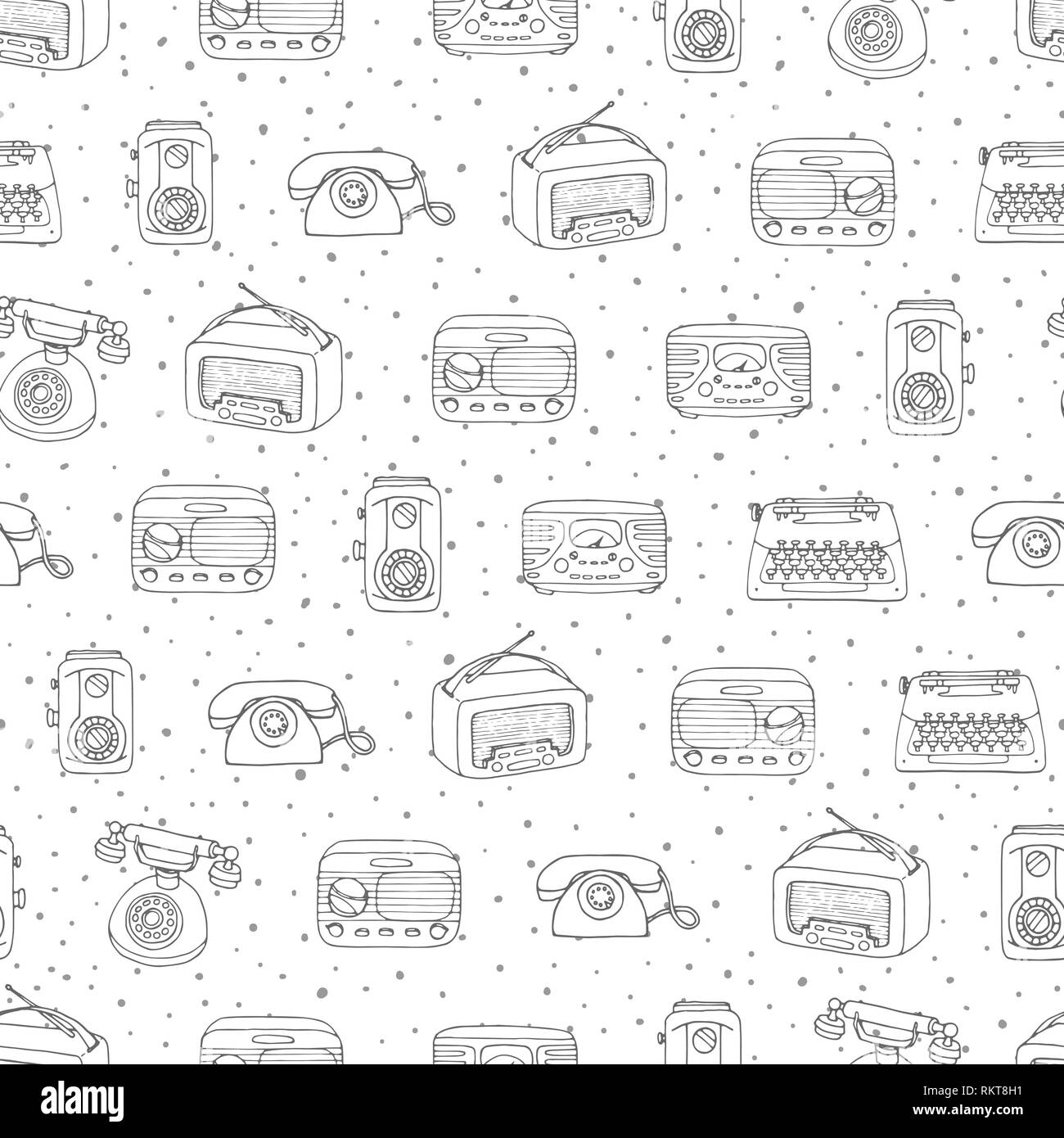 Vector retro seamless pattern with antique tech, radio and typewriter outline on the dotted background. Hand drawn vintage objects from 1950s and 1960 Stock Vector