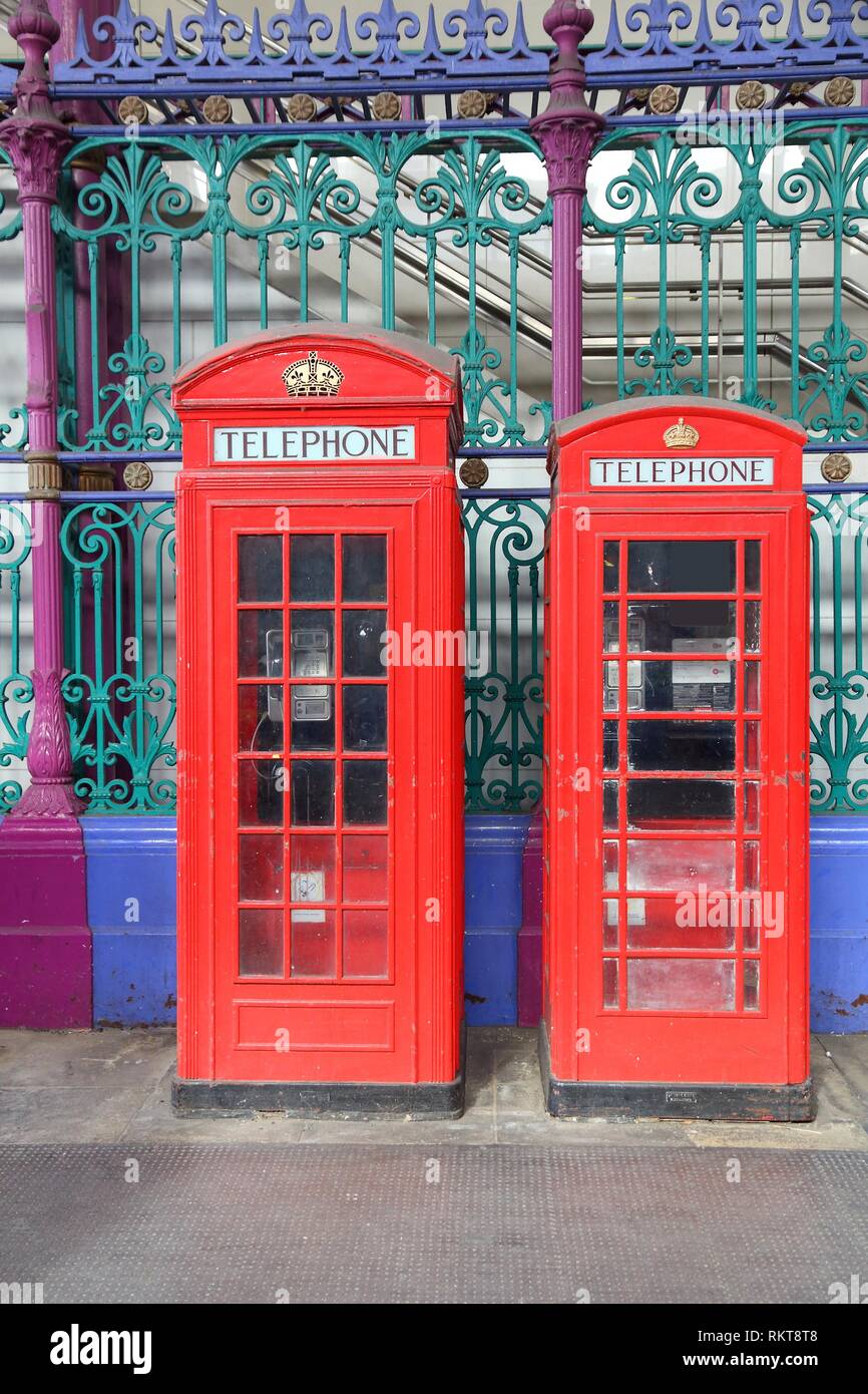 London phone boxes red telephone kiosks in the UK Stock Photo Alamy