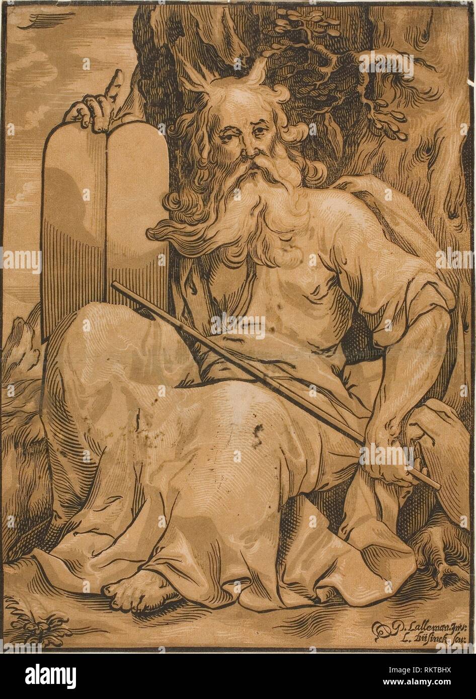 Moses with the Tables of the Law - Ludolph Büsinck (German, 1585-1648) after G.L'Allemand - Artist: Ludolph Büsinck, Origin: Germany, Date: Stock Photo