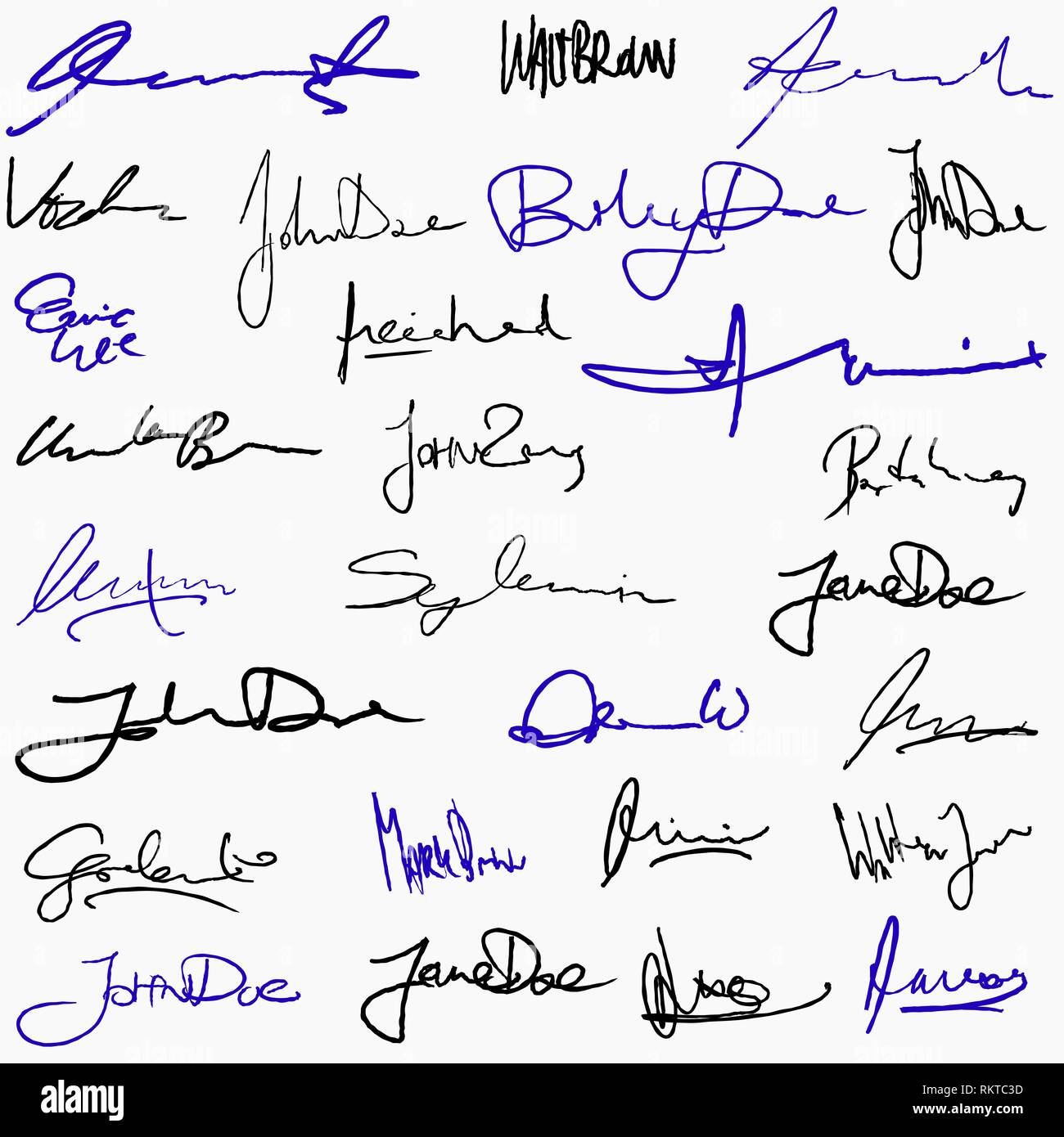 Collection of handwritten signatures. Personal contract fictitious signature set. Stock Vector
