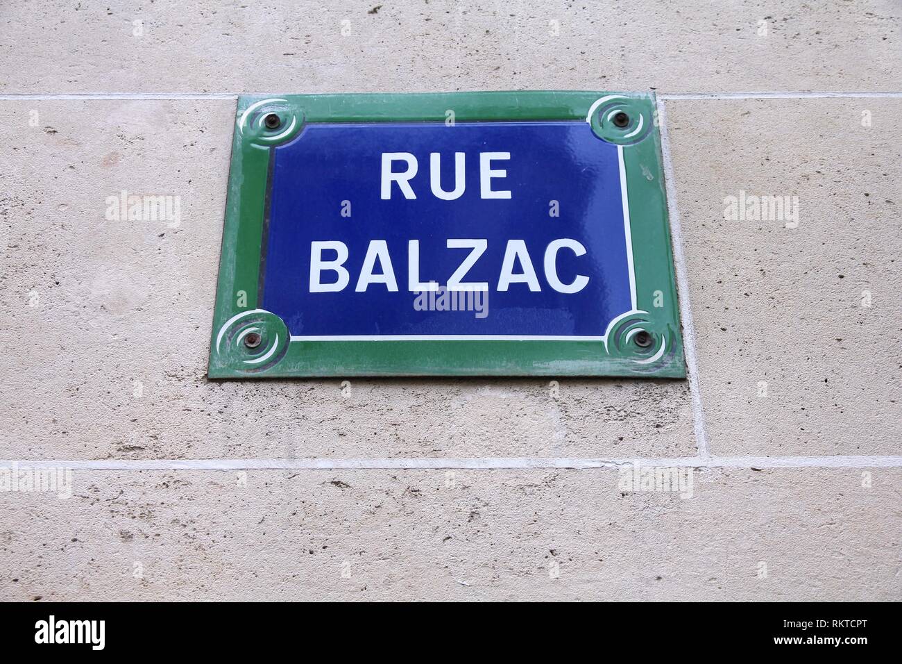 Paris, France - Rue Balzac old street sign. It commemorates famous French writer, Honore Balzac. Stock Photo