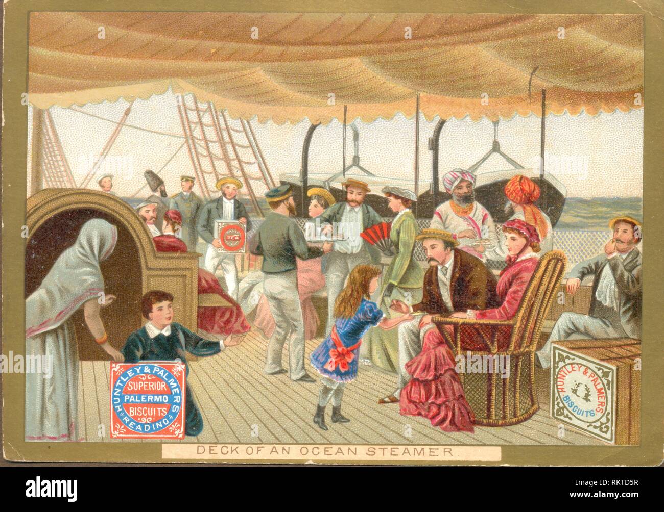 Huntley & Palmer's advertising trade card showing travellers on board an Ocean Steamer Stock Photo