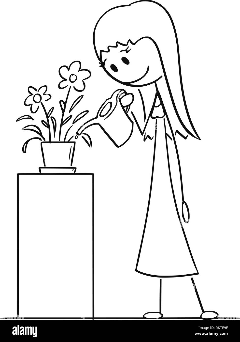 Cartoon Drawing of Woman Watering Plant in Pot or Flowerpot Stock Vector