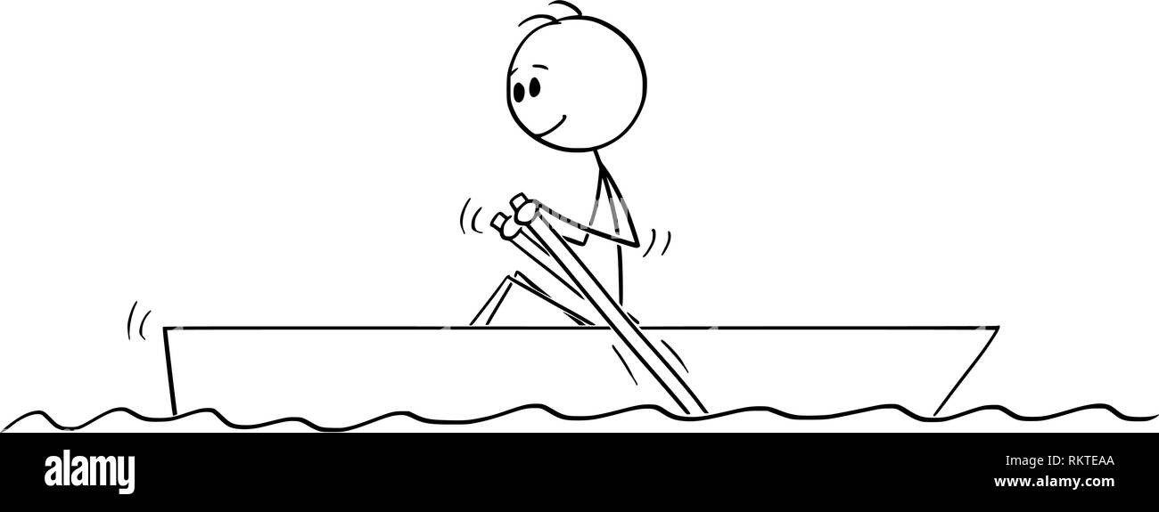 Cartoon Drawing of Man Paddling in Small Boat on Water Stock Vector